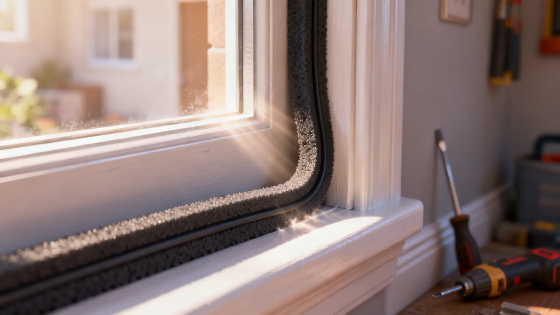 Close-up of weatherstripping sealing a window gap in a small apartment