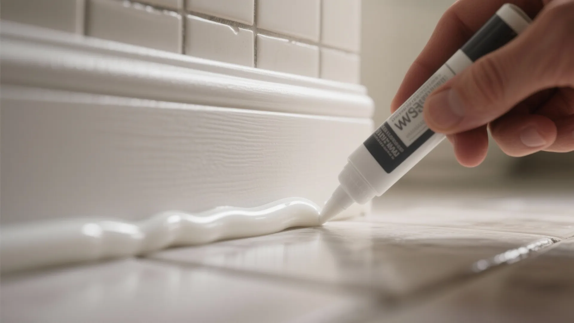 Applying white glue from a tube to seal the gap between wall panel and floor