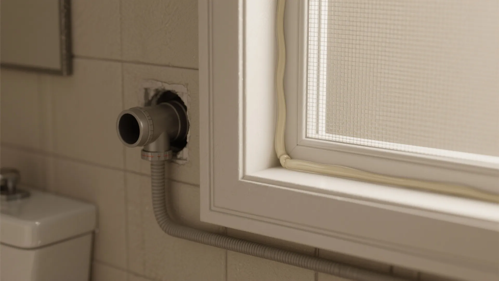 Close up of sealing gaps around a white window frame and wall pipe in bathroom