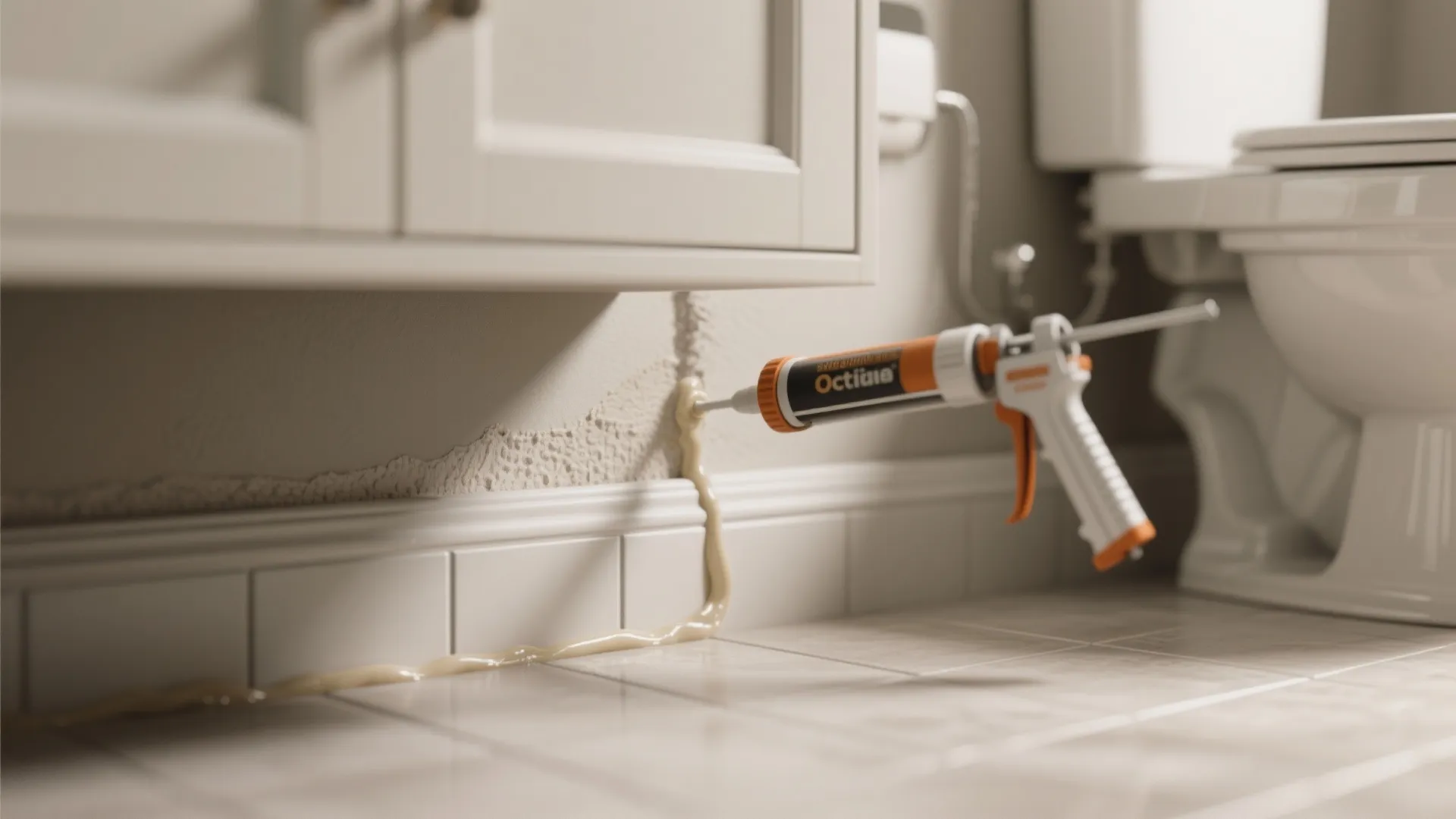 Close-up of sealed grout and caulking around toilet base with a wall-mounted cabinet above