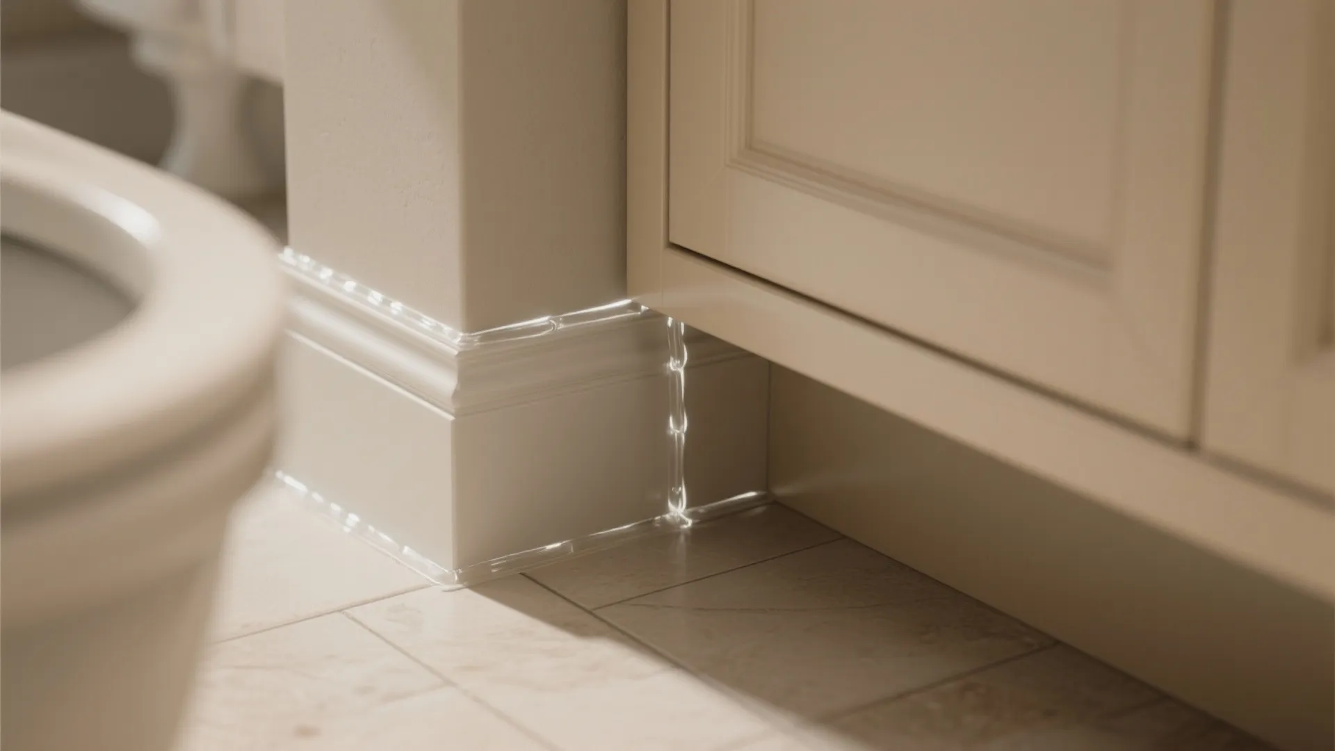 Applying clear waterproof sealant to the white wall panel and floor edges in a bathroom