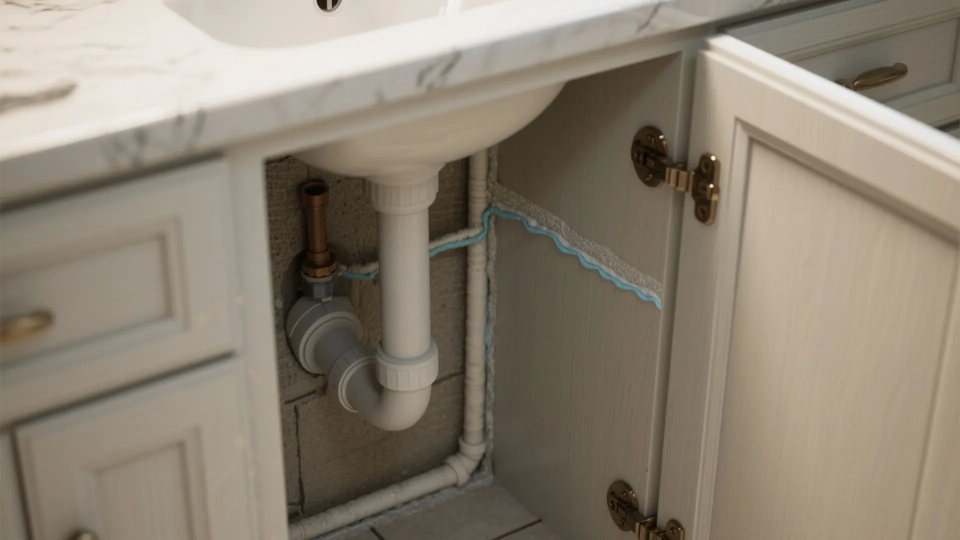 1. Seal gaps around pipes and cabinets