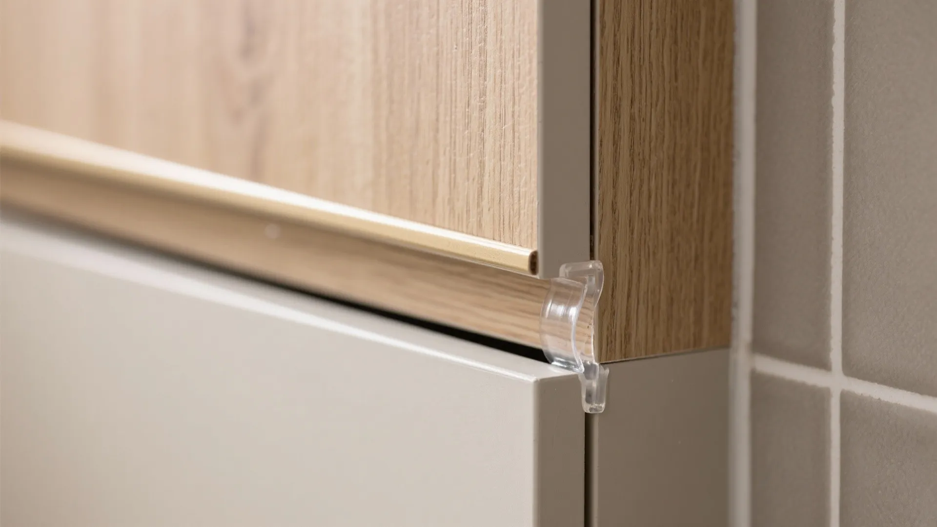 Close up view of wooden cabinet door with clear plastic seal and gold metal handle trim