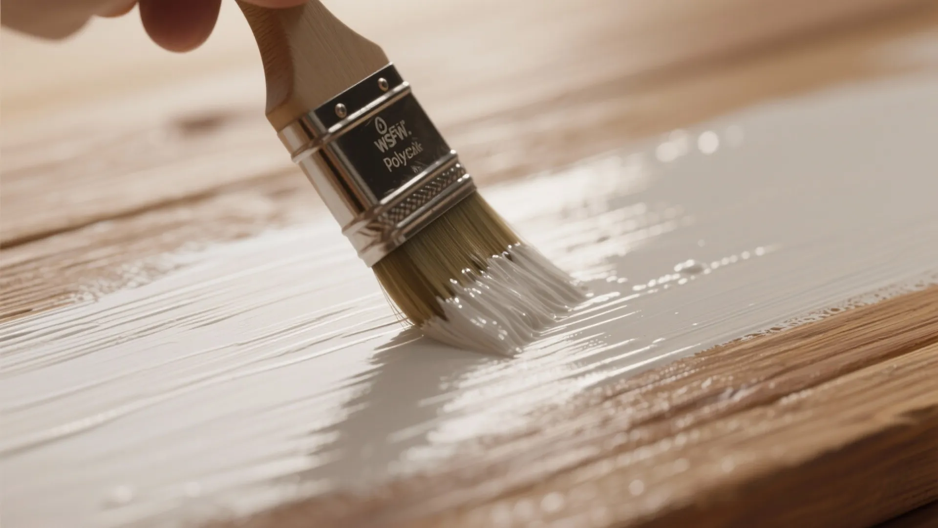 Macro view of a brush applying clear polycrylic over a matte-painted wooden surface showing texture and subtle sheen.