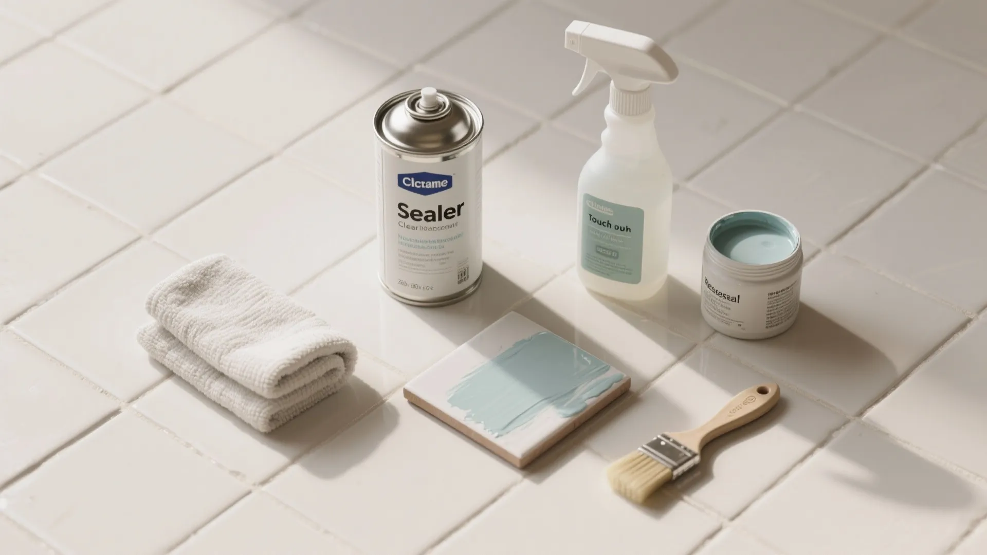 Flatlay of sealer, non-abrasive cleaner, touch-up paint and a painted tester tile for maintaining painted tiles.