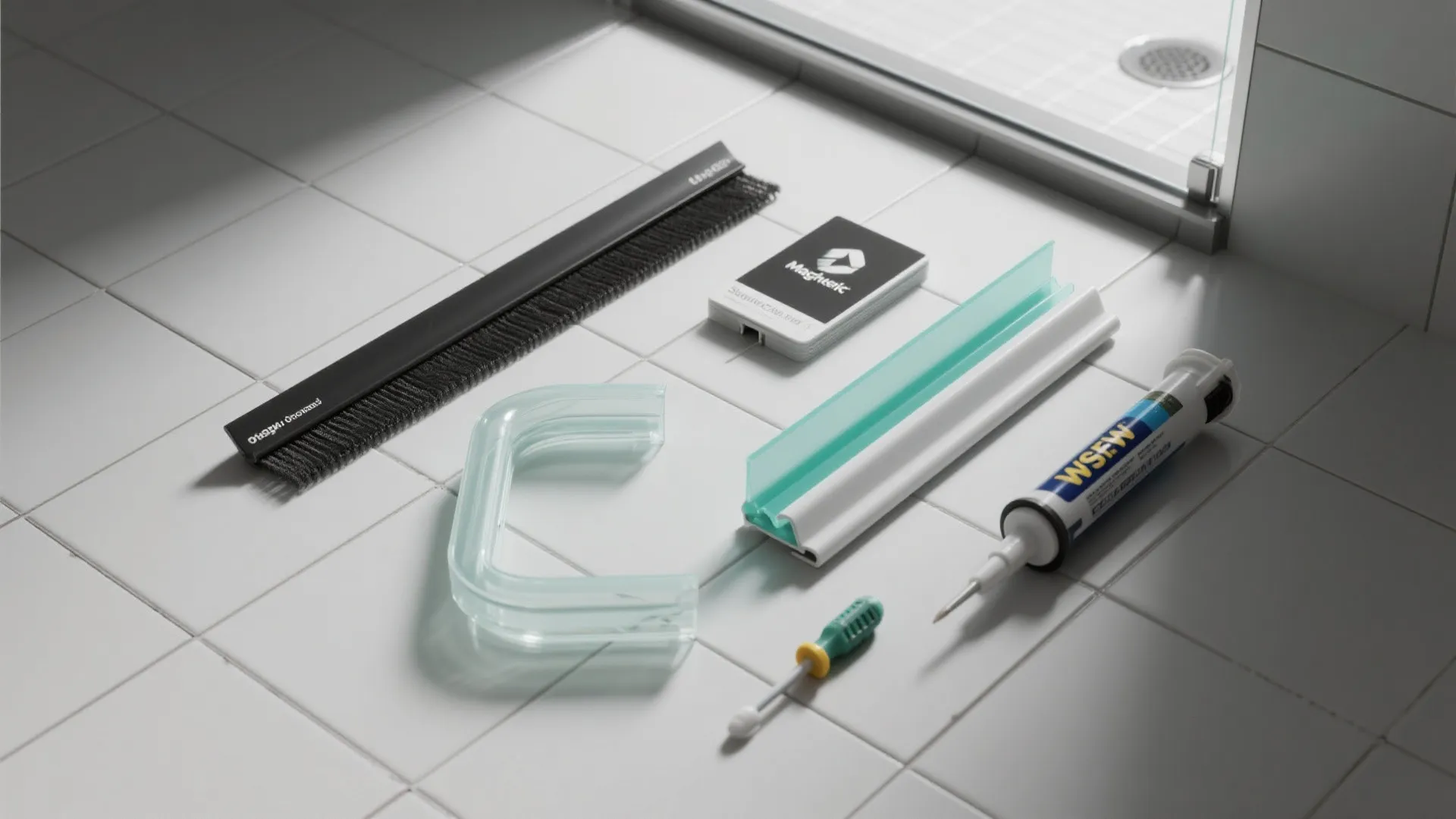 Flatlay of magnetic strip, vinyl sweep, L-shaped seal, threshold sample and silicone tube