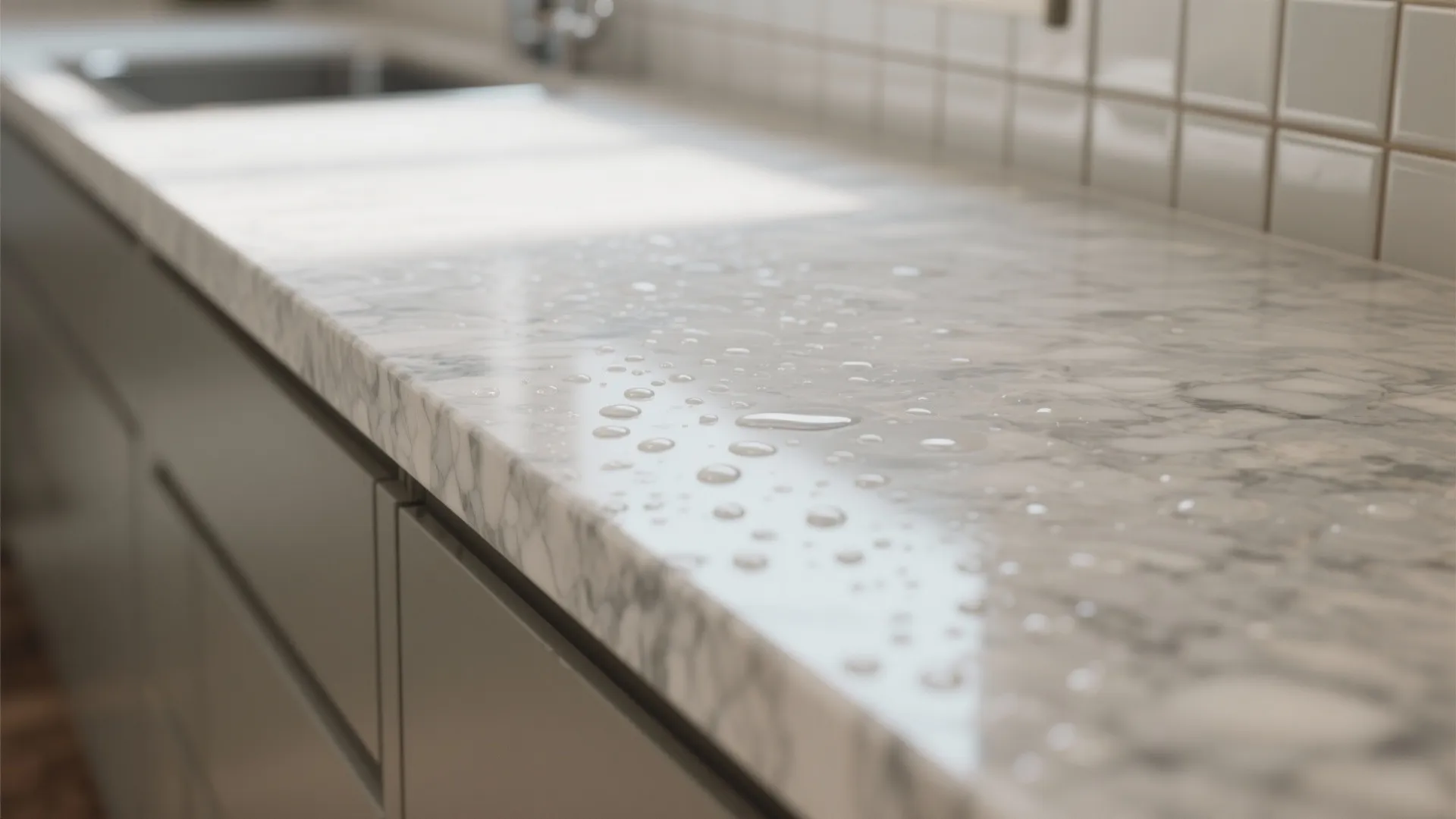 Close-up of a sealed quartz countertop and glazed ceramic backsplash with seamless grout.