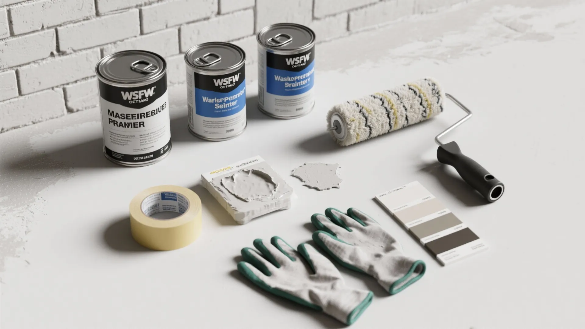 Painting supplies including three paint cans, paint roller, work gloves, masking tape, and color cards