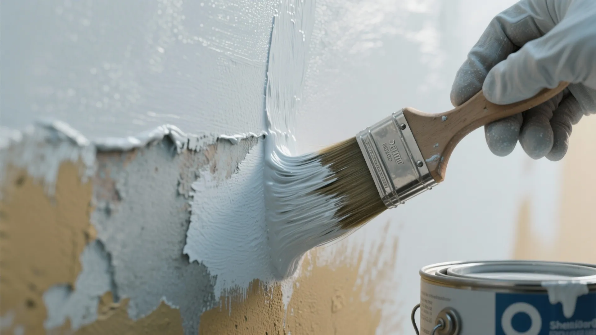 Close-up of a brush applying shellac primer to a stained wall, sealing in odors.