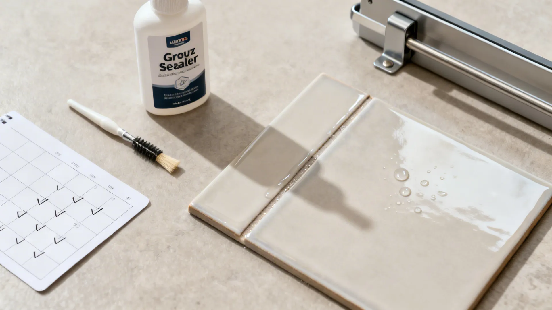 Flat lay of grout sealer, applicator, weekly routine cues, and a magnetic rail beside a tile sample.