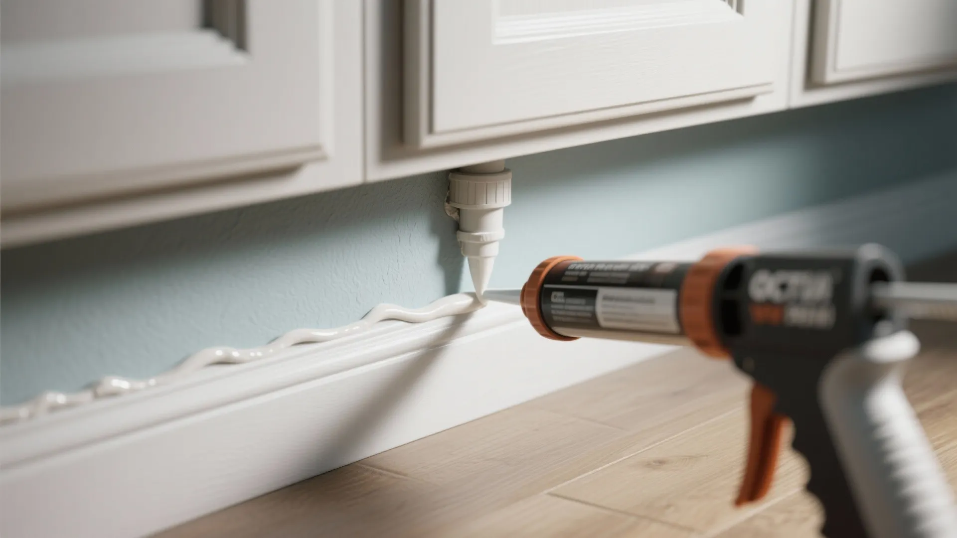 Using a glue gun to apply white sealant along the wall panel and floor edge