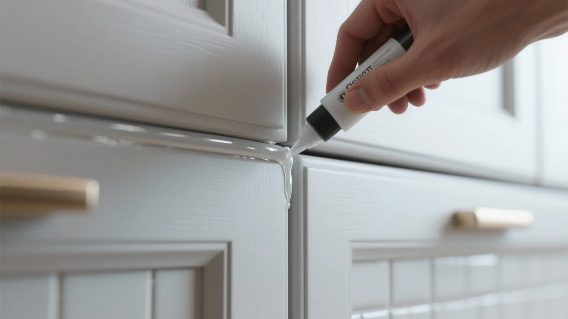 Applying white silicone sealant to the joints of kitchen cabinet doors for a clean finish