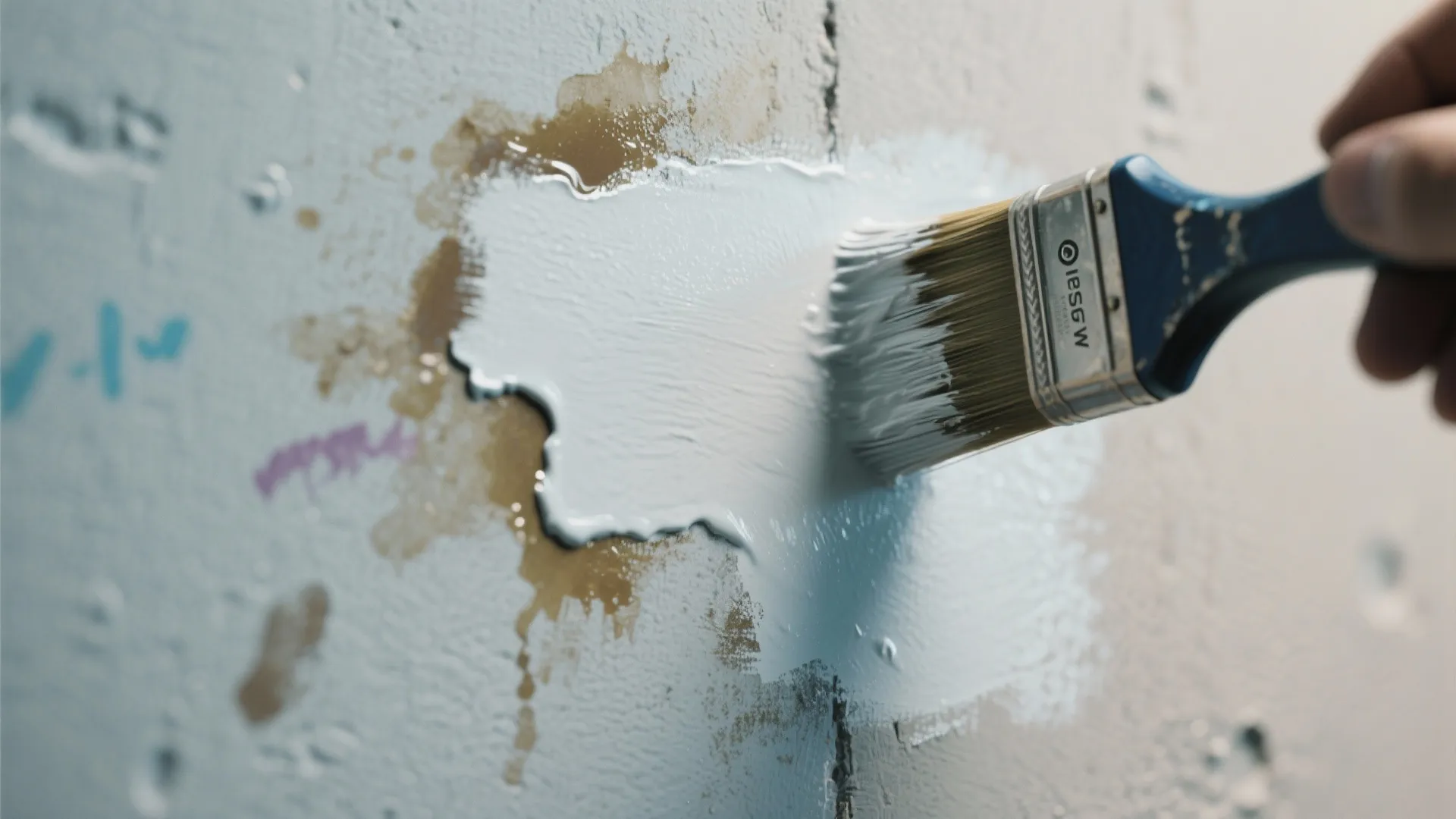 Close-up of stain-blocking primer being brushed over a water-stained and greasy wall patch.