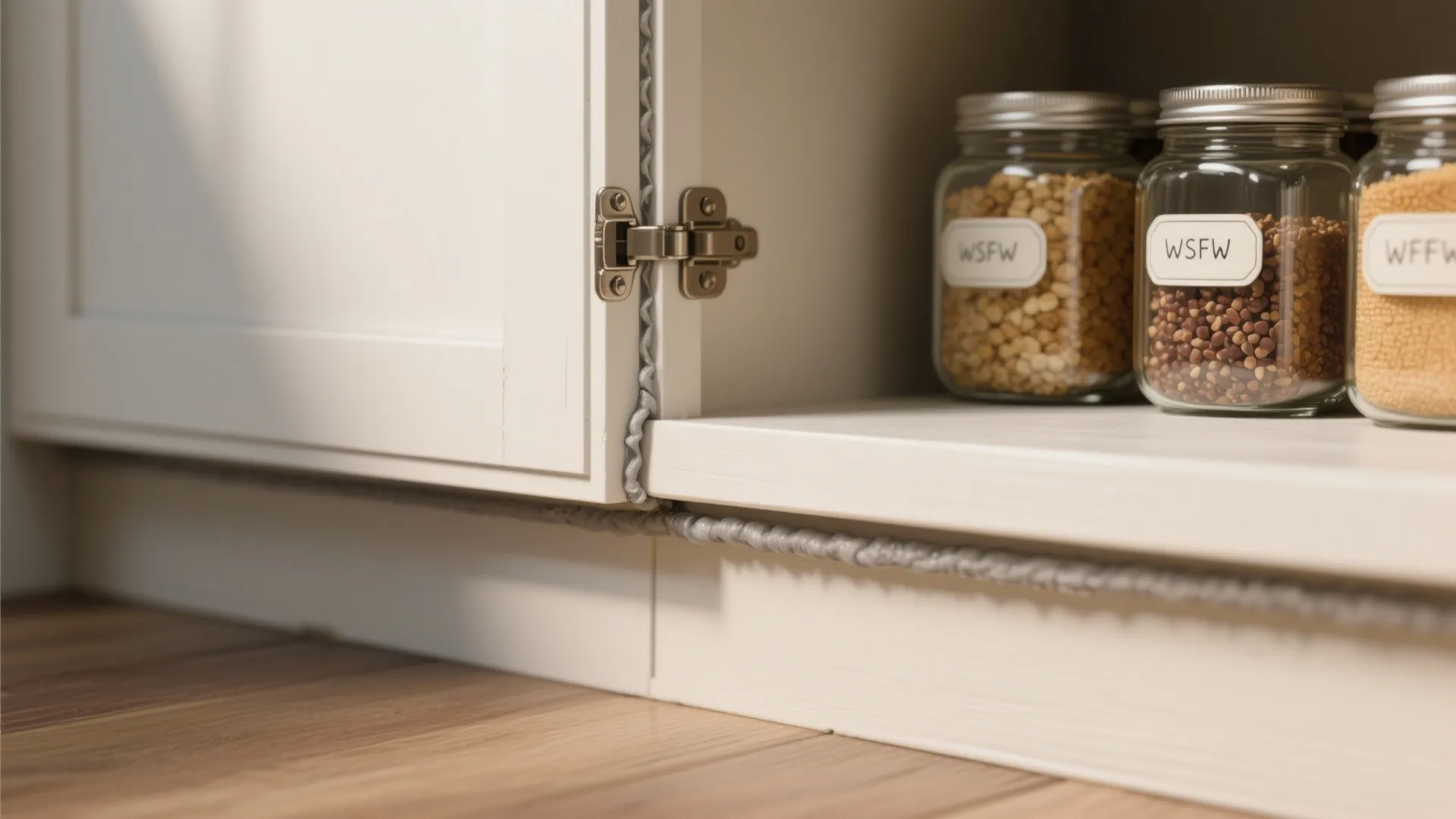 Close up of a white kitchen cabinet door with glass jars of seeds on inside