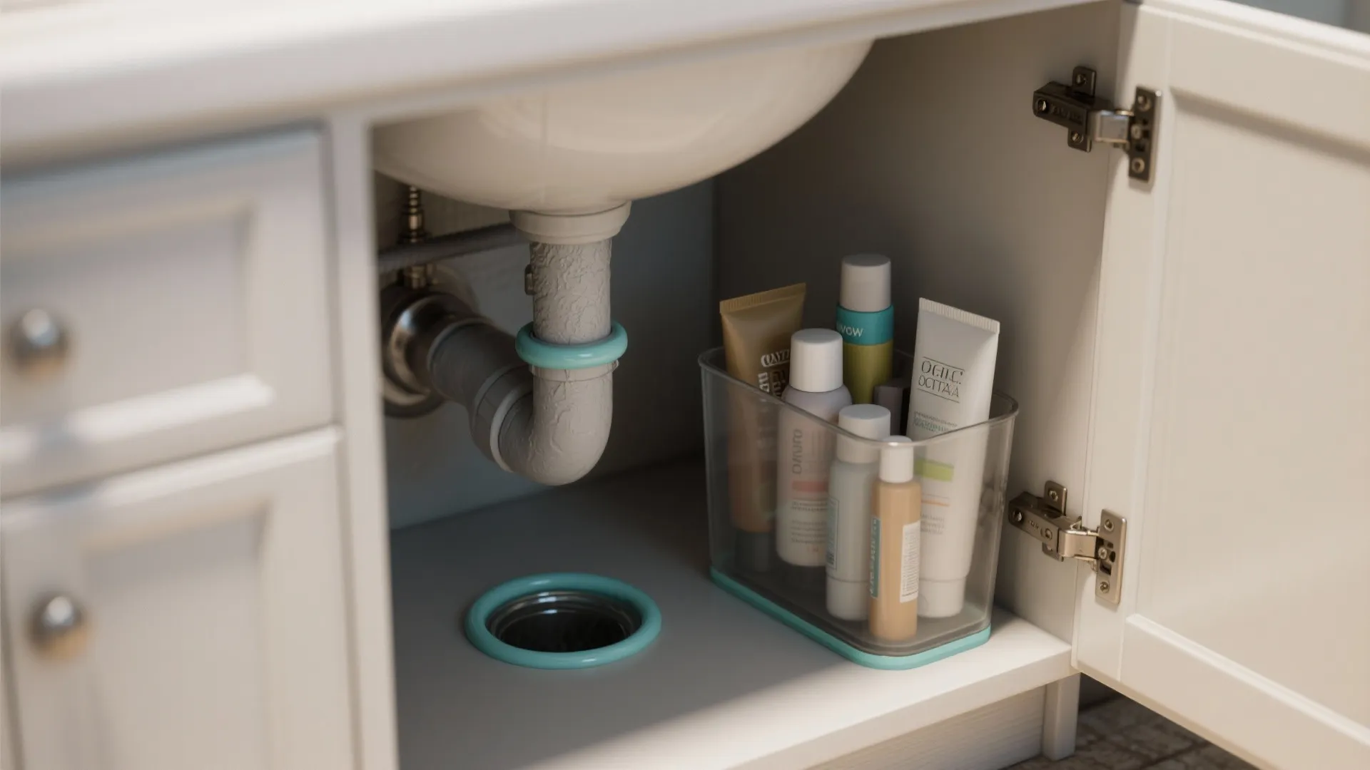 Inside a white bathroom cabinet with clear plastic storage box for skincare bottles and tubes