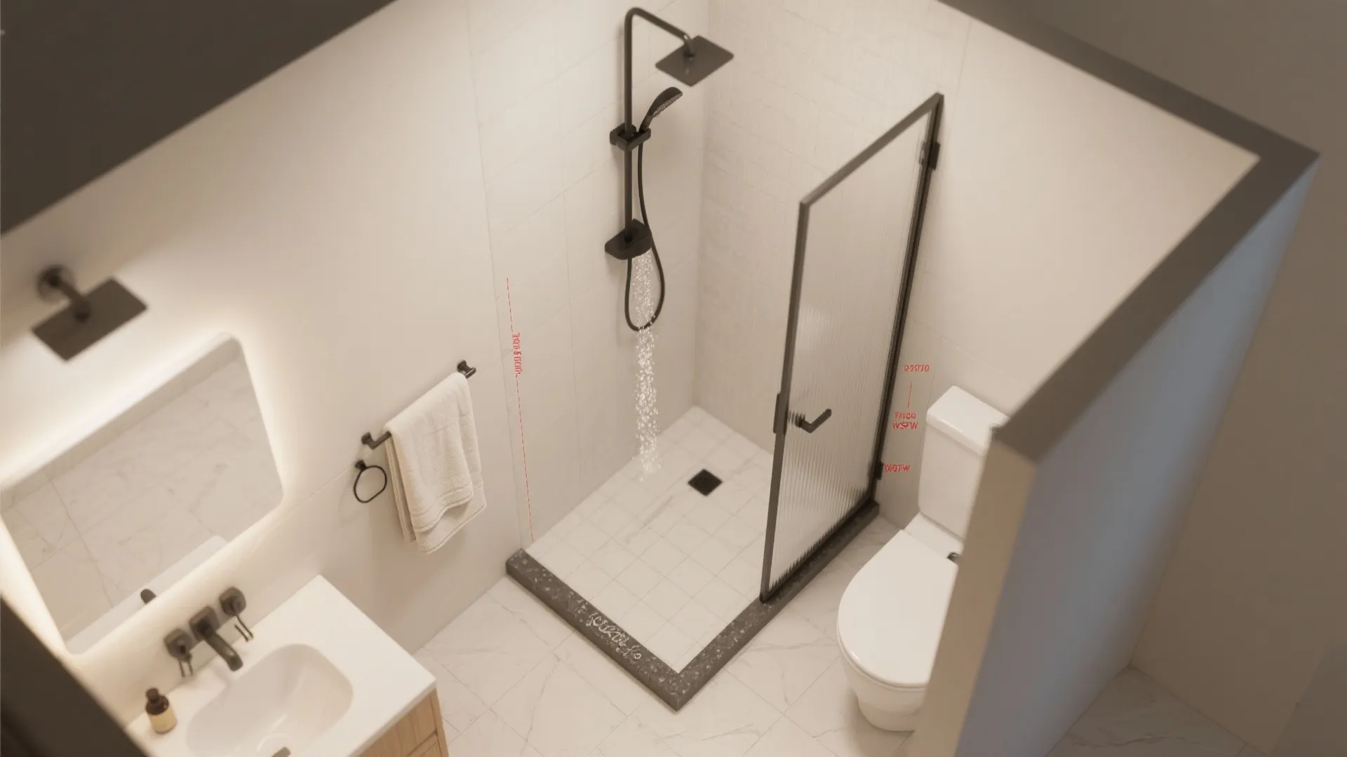 Top-down mockup showing towel leak test and seal placement in a small bathroom layout