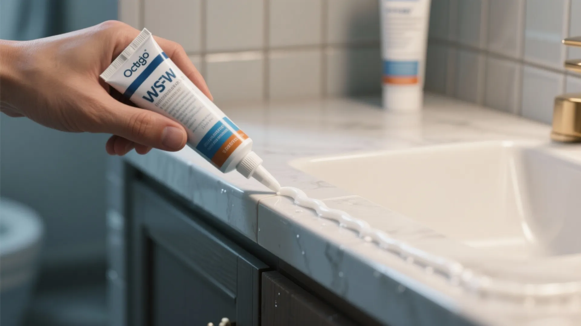 Person applying white sealant from tube to the edge of a marble bathroom sink countertop