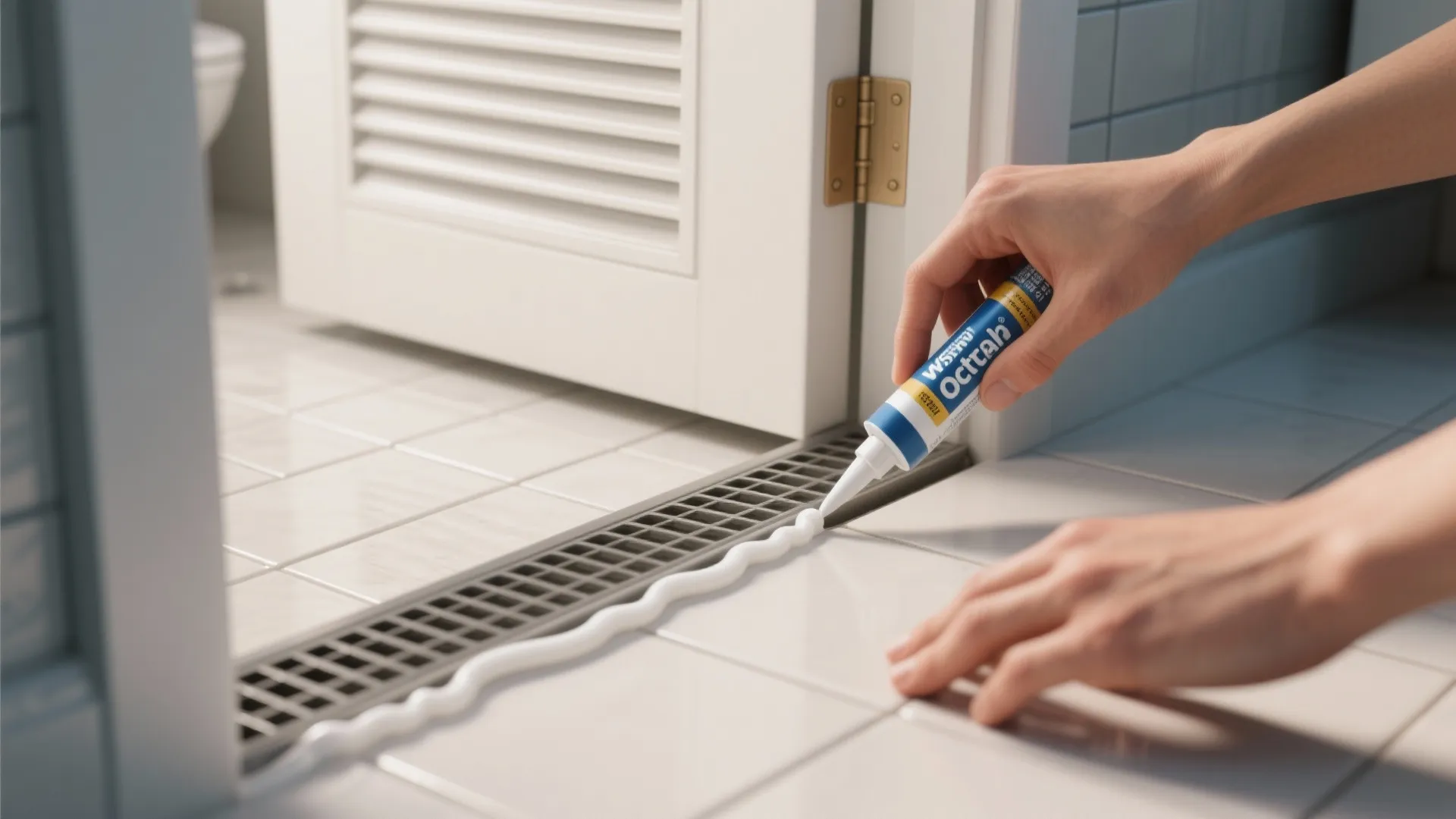 A person applying white glue to seal the floor vent gap near a bathroom door