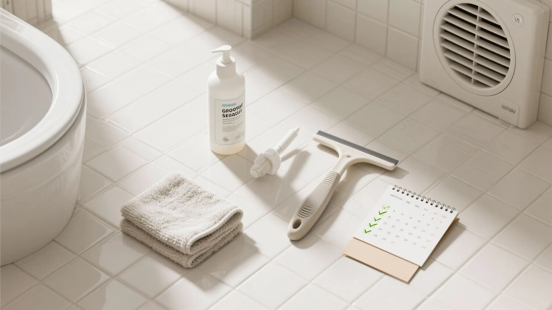 Bathroom floor cleaning tools with bottle, cloth, squeegee, and maintenance calendar near white wall fan