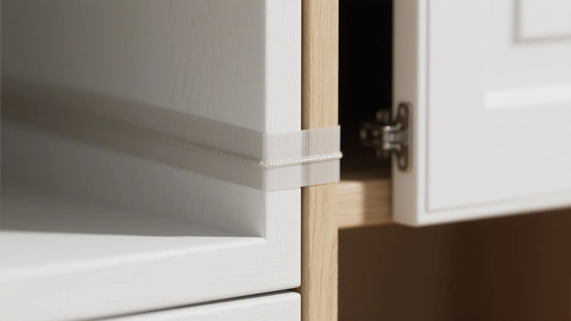 Close up of white kitchen cabinet door with clear plastic seal strip attached for better protection