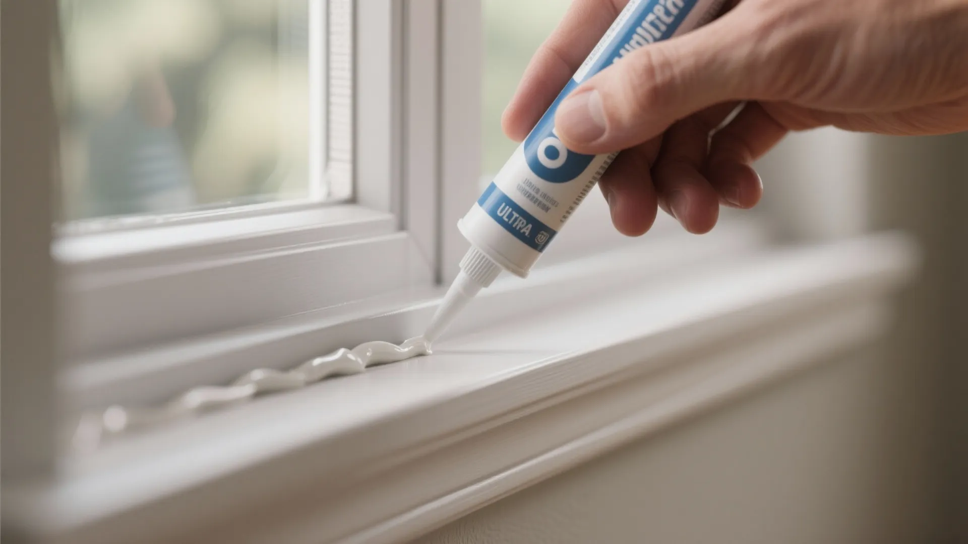 Hand applying white sealant from a tube onto a white window frame to seal gaps