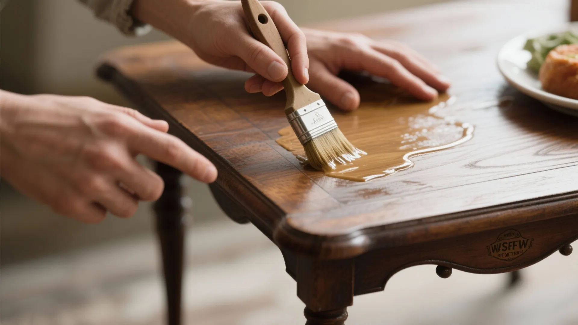 Hands applying a food-safe sealant to a vintage tabletop to make it suitable for food prep.
