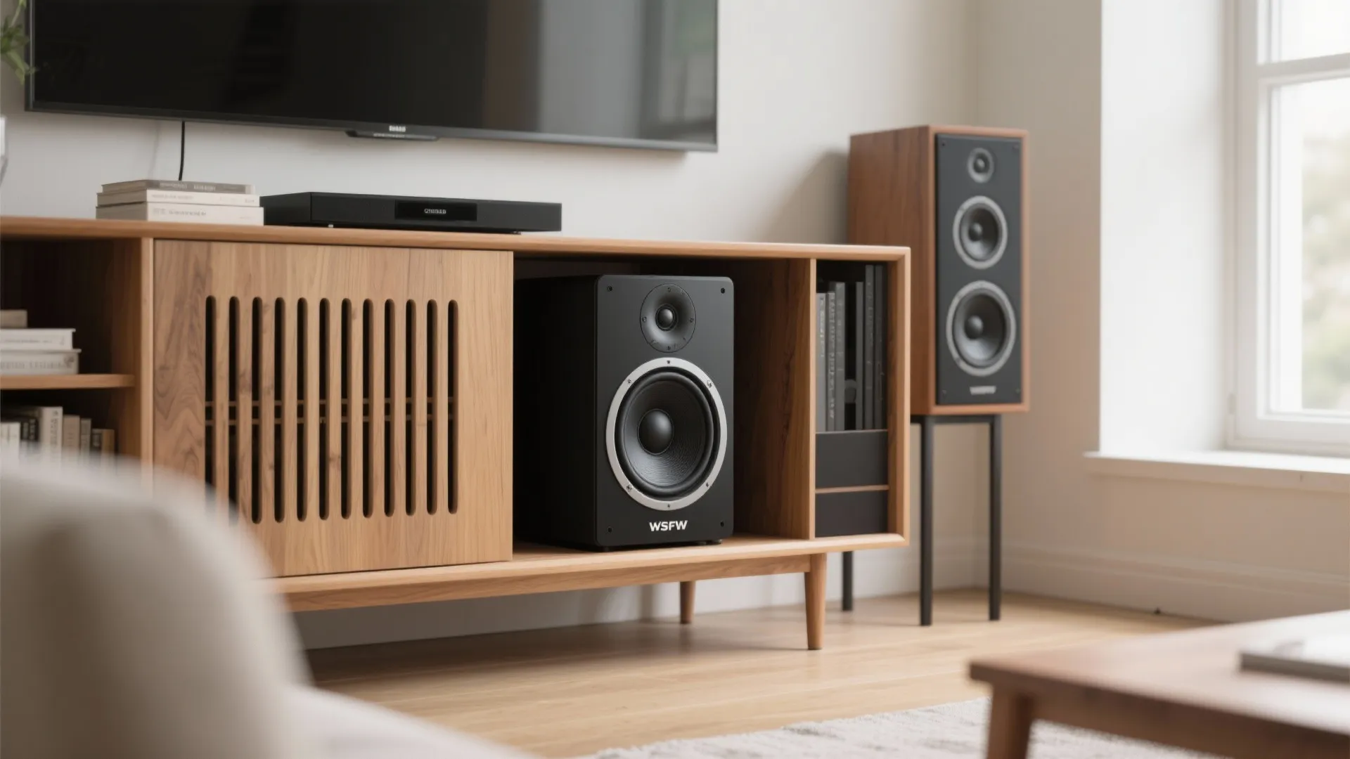 Sealed 10-inch subwoofer neatly housed in a vented media credenza within a compact living room.