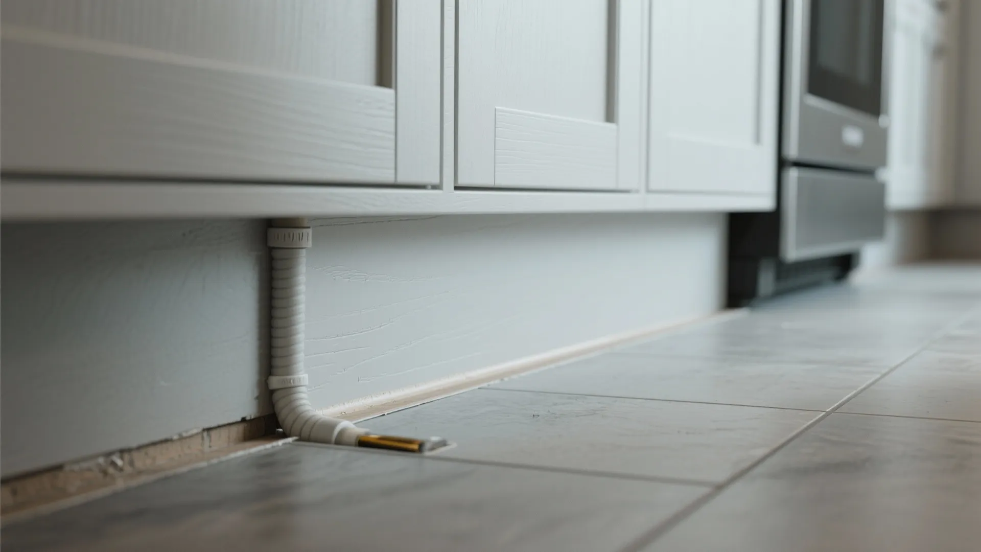 Close-up of a sealed baseboard and toe-kick trim with caulked pipe gap in a kitchen.