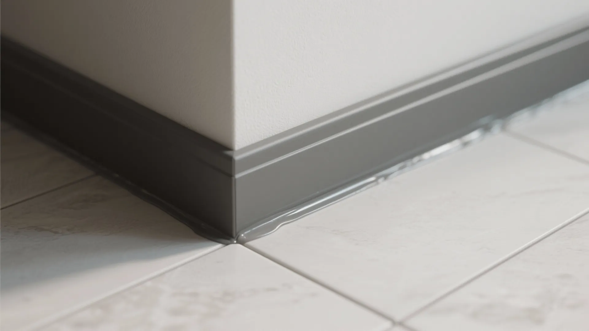 Close up of grey floor baseboard on white wall with sealant applied along the floor