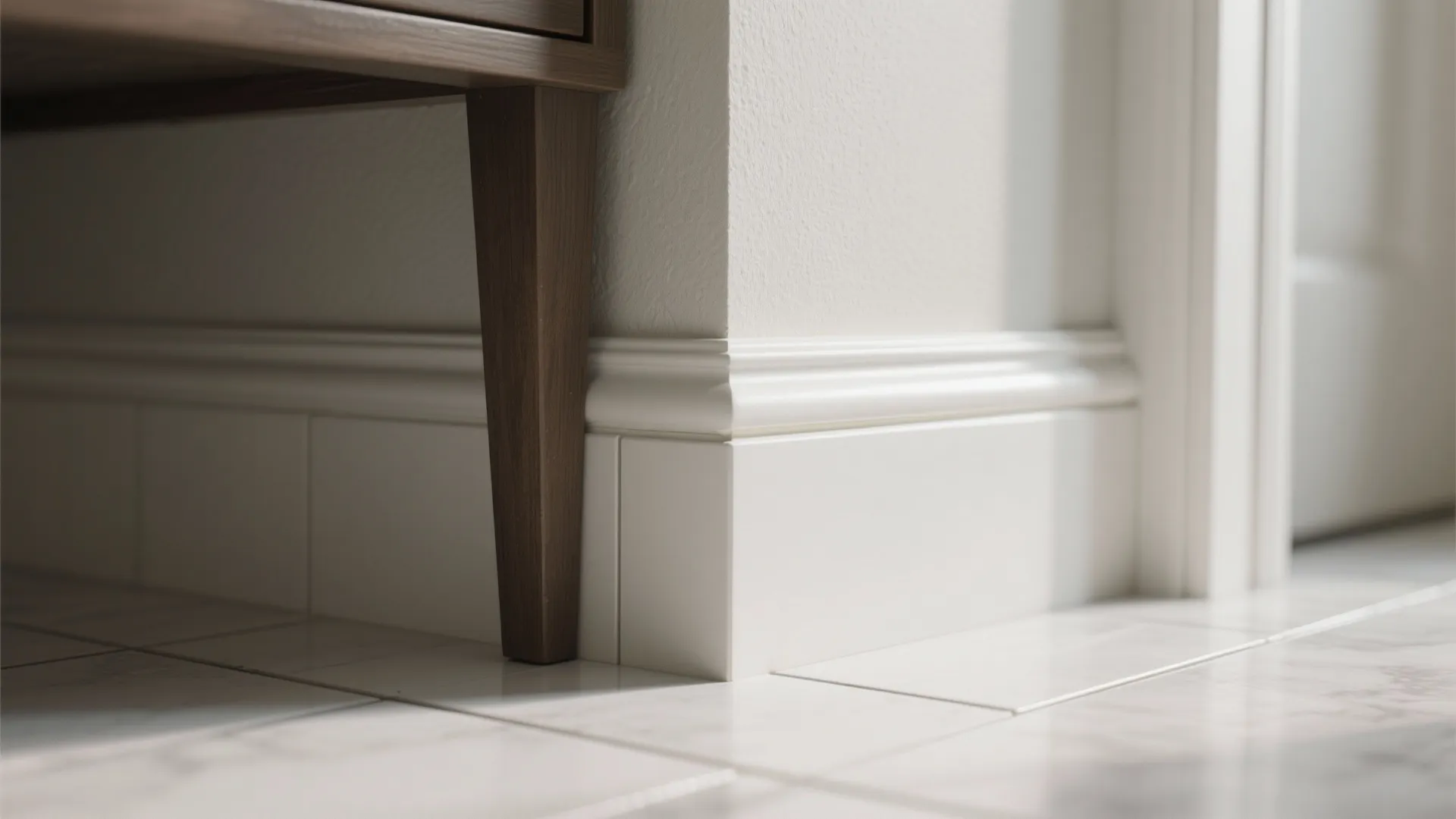 Close-up of sealed tall baseboard and raised vanity leg showing floor clearance and caulked joint.