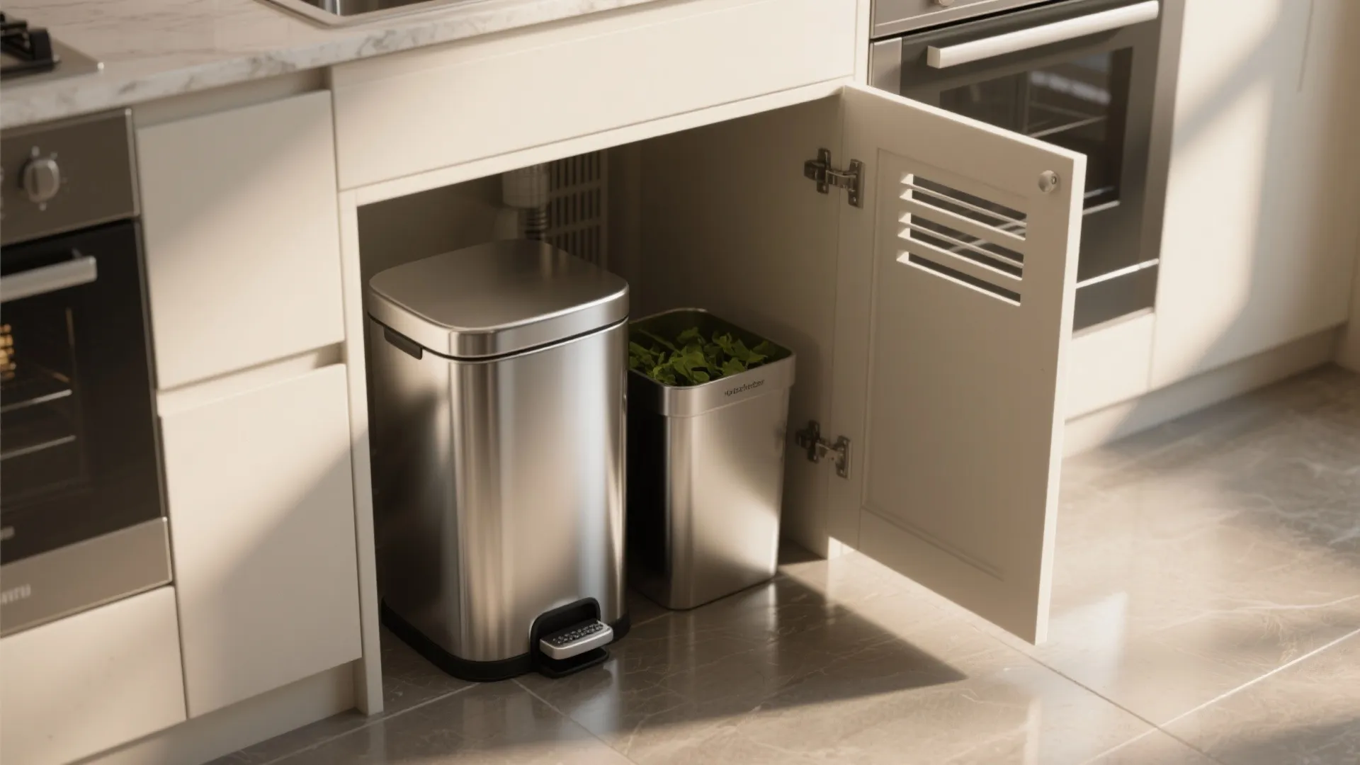 Two metal trash cans placed inside an open white kitchen cabinet on a light floor