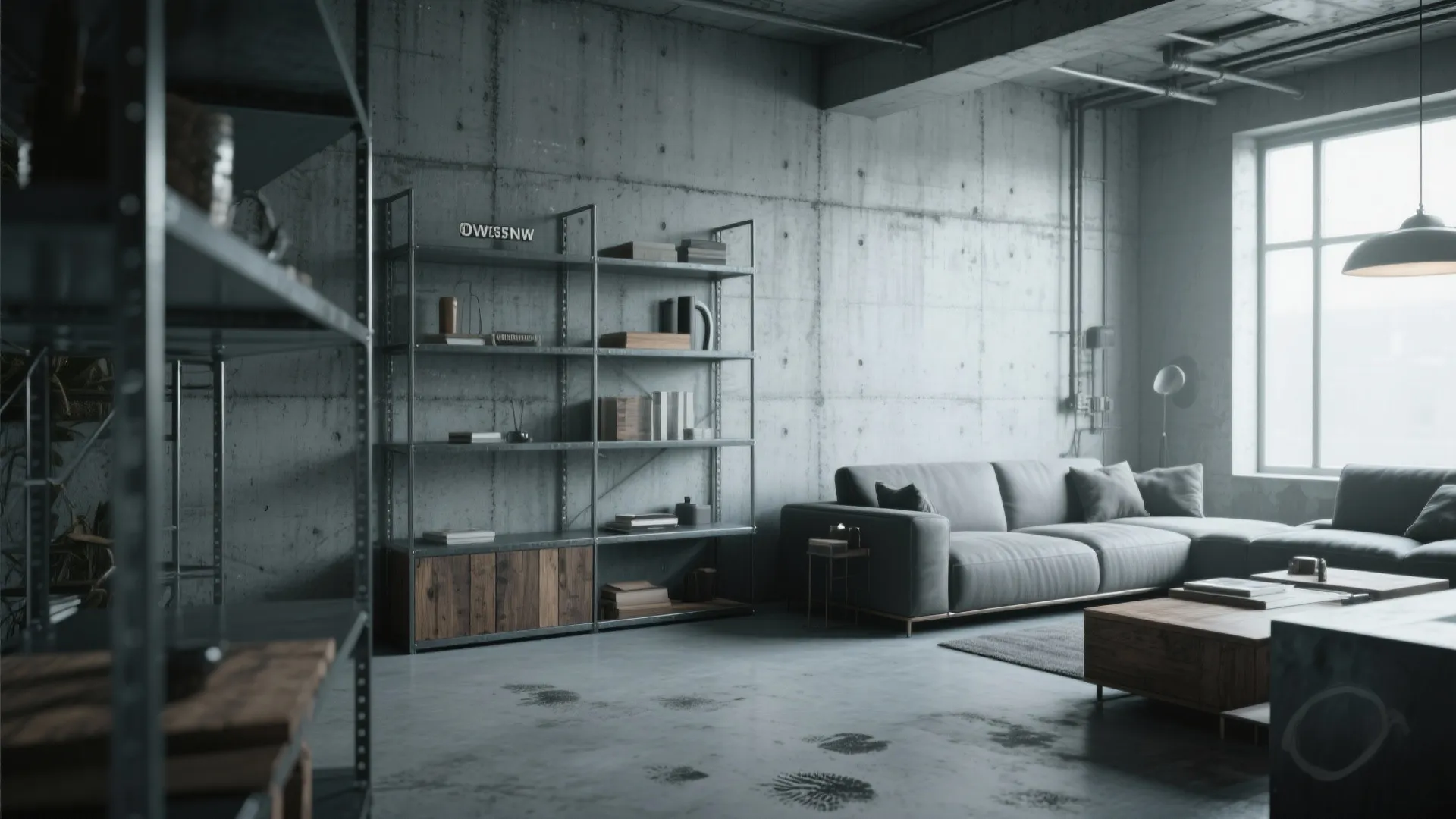 Industrial interior with clear-sealed concrete wall showing deeper color and a slight glossy finish.