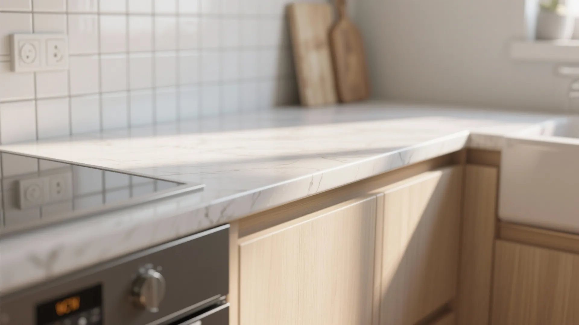 Close up of marble countertop with wood cabinets white tile wall sink and black oven