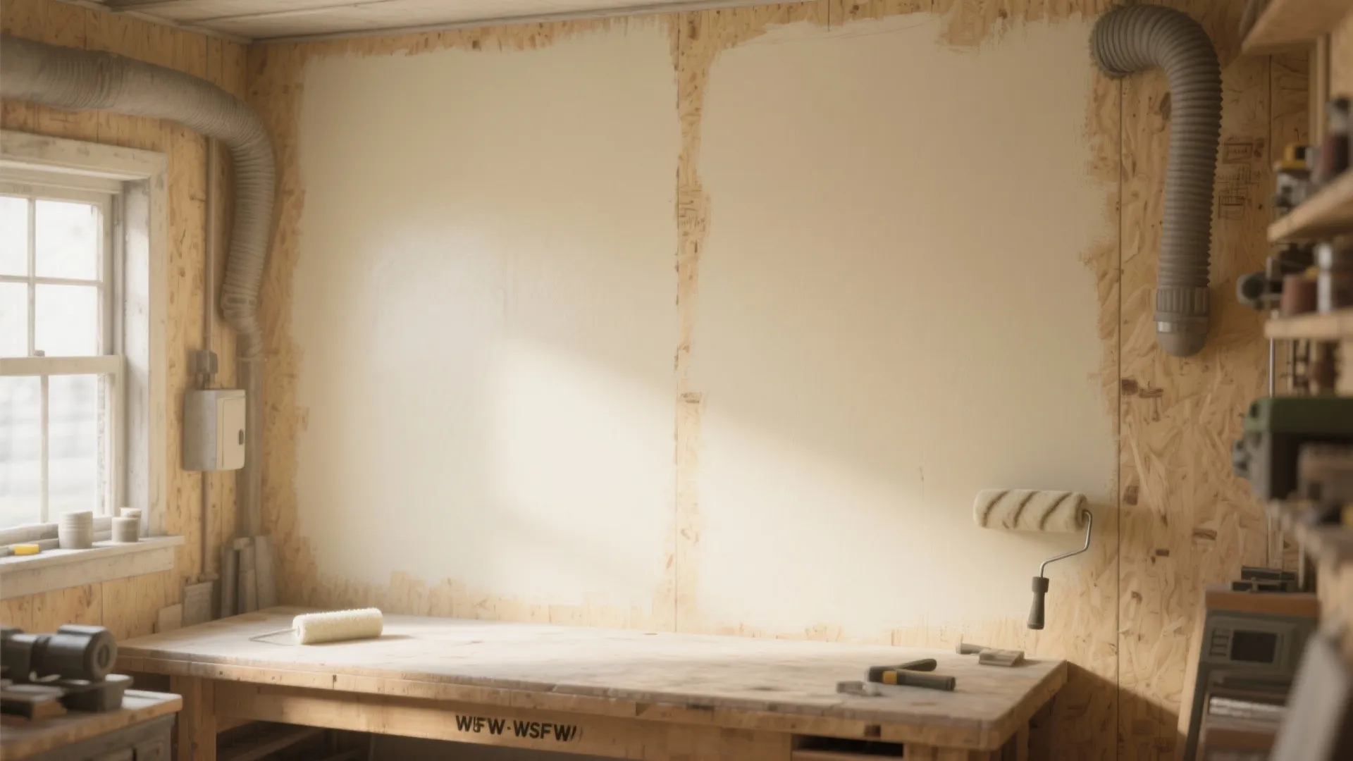 Workshop interior with wood panel walls cream paint patches roller tools workbench and natural window light