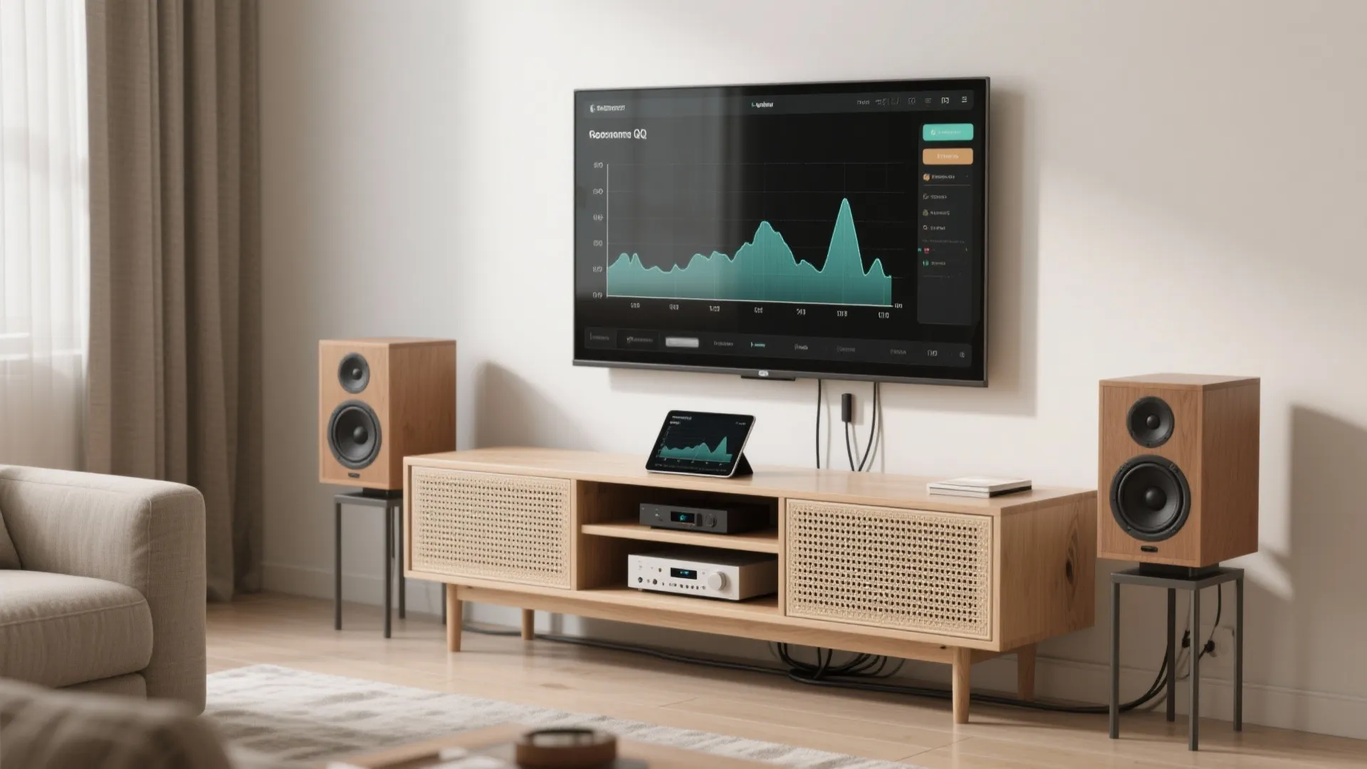 Small sealed speakers with a ventilated console and a tablet showing a generic EQ curve.