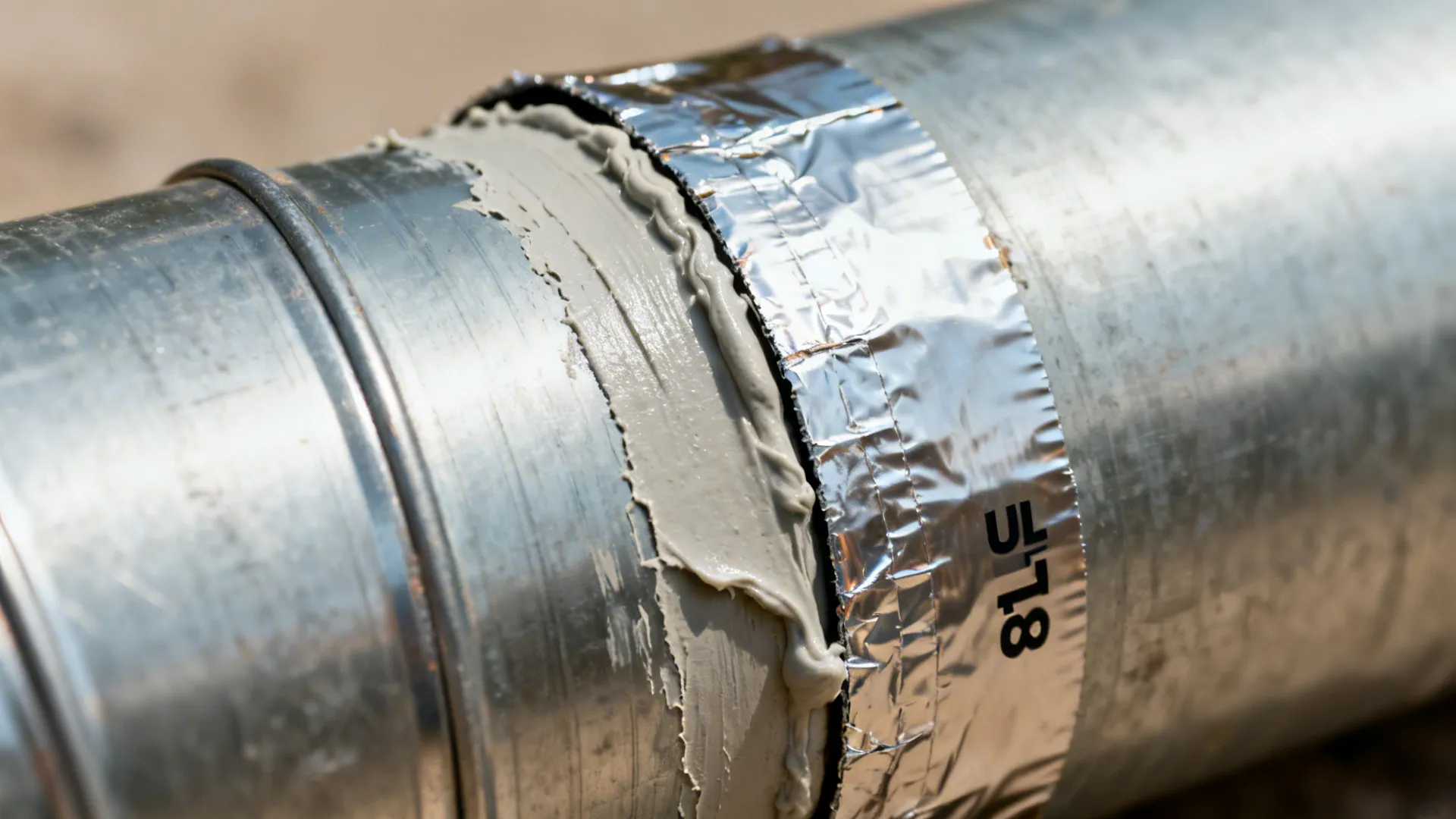 Close-up of a duct seam sealed with mastic and UL 181 foil tape.