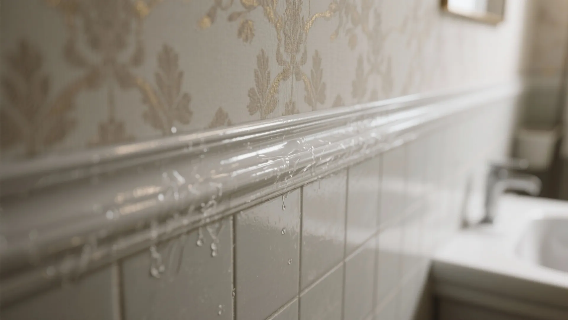 Close up showing water resistant white wall panel and floral wallpaper in a bright bathroom