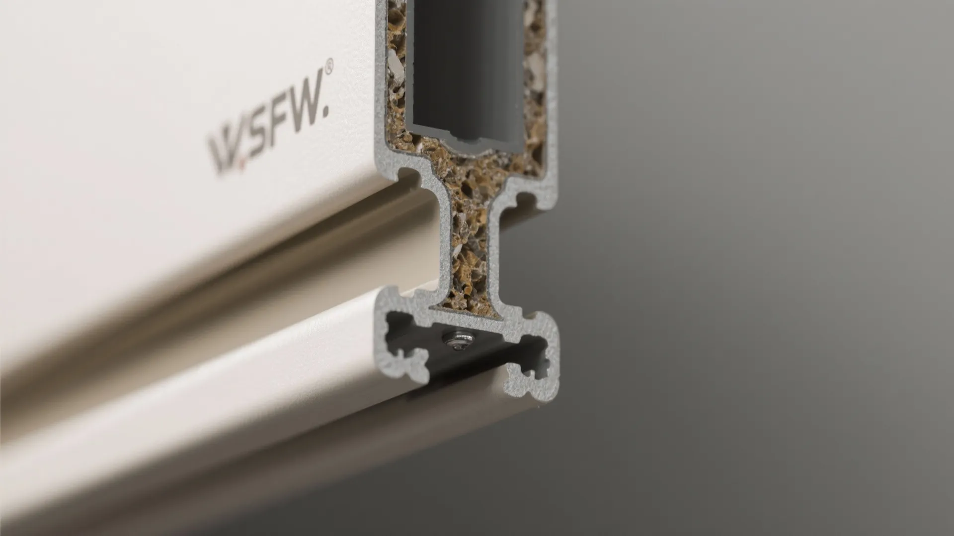 Close up view of a white door frame section showing the internal material and construction