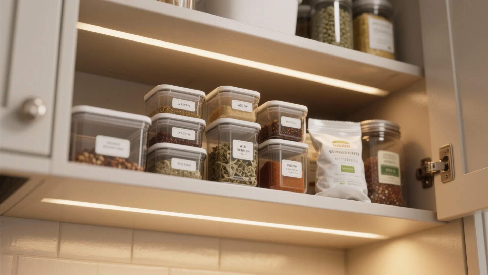 Kitchen cabinet shelf with food storage boxes glass jars white labels and bright light strip