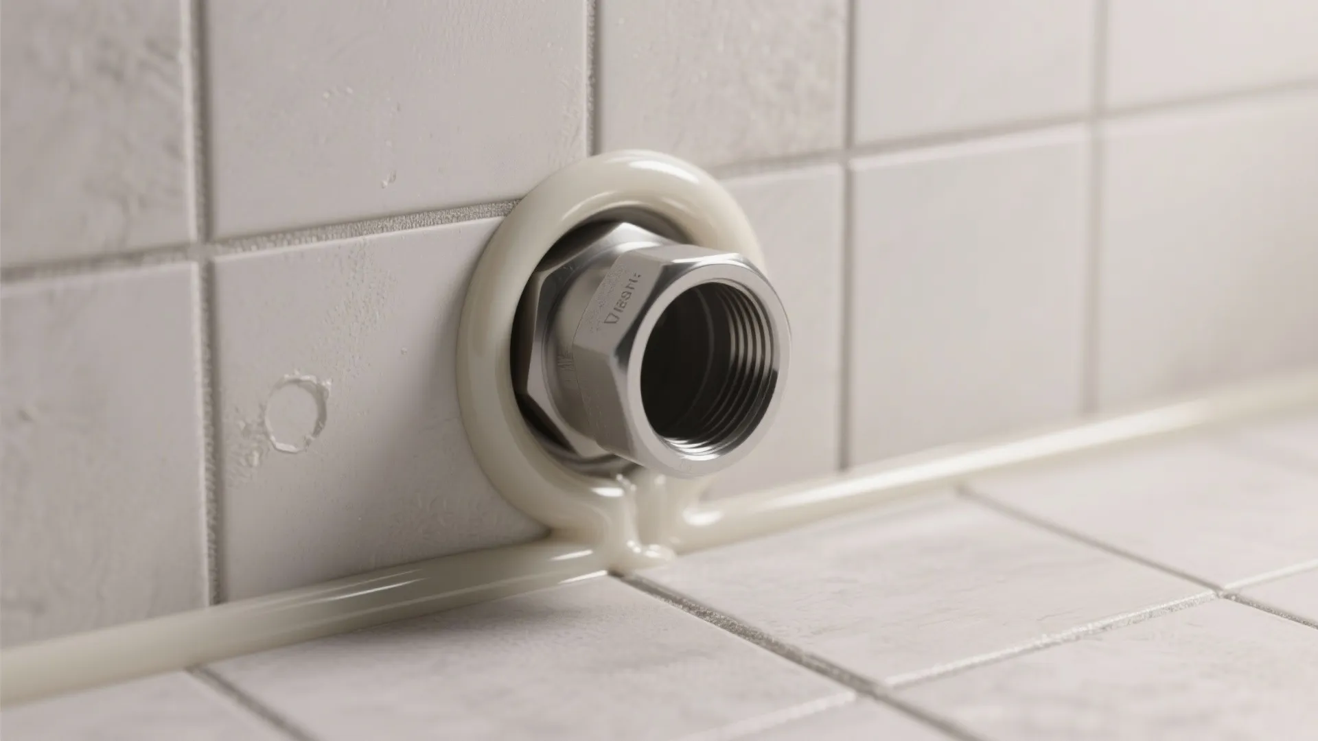 Close up of a metal pipe fitting on a white tiled wall with clean white sealant