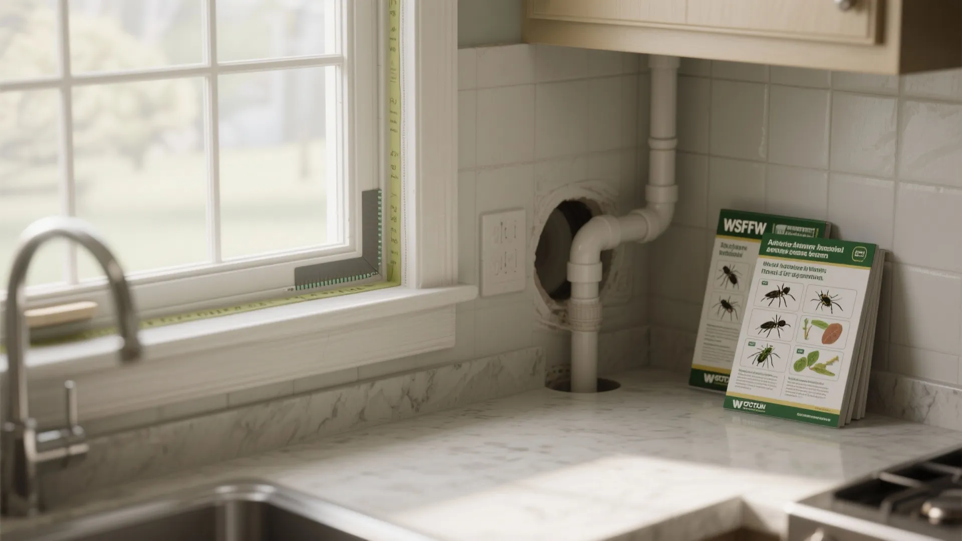 Kitchen counter by a window showing exposed pipes and pest control brochures for home maintenance