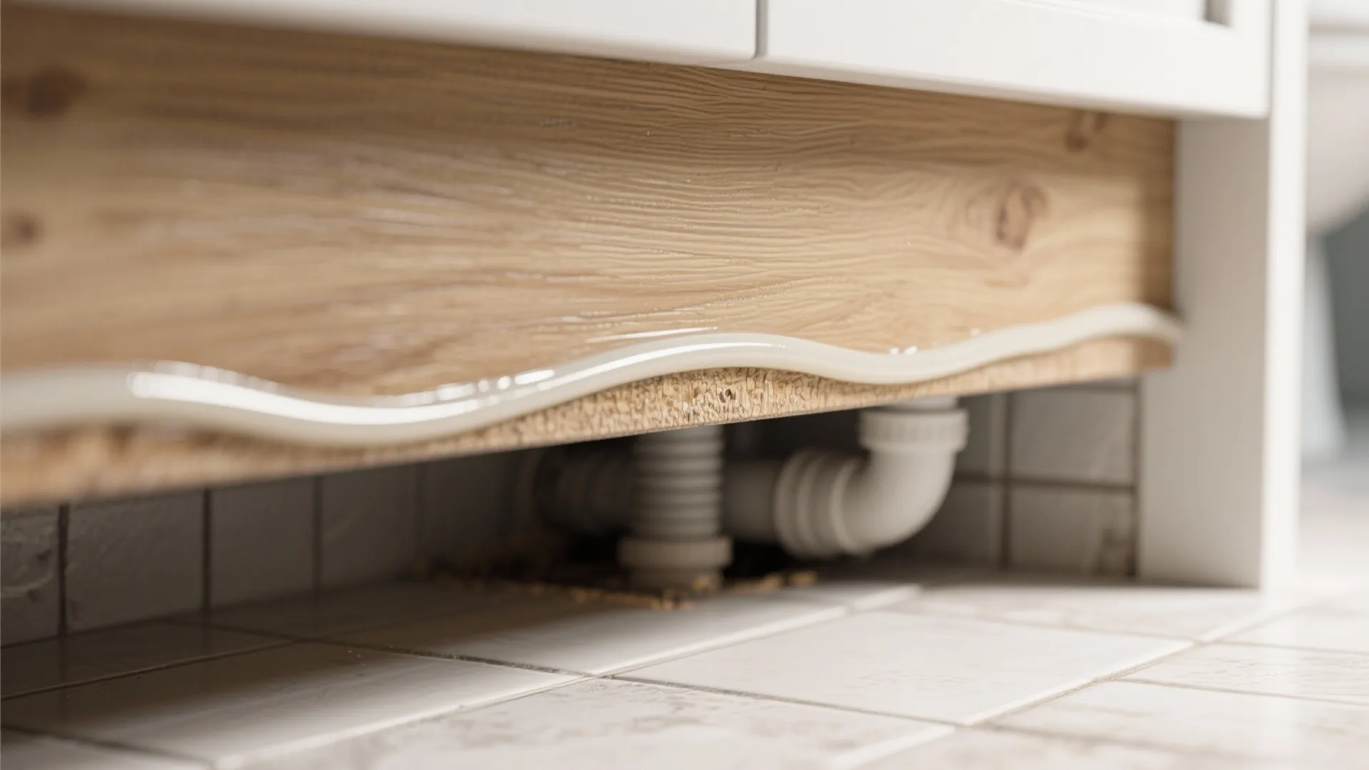 Close up of sealed gap under wood bathroom cabinet with white pipes on tiled floor surface