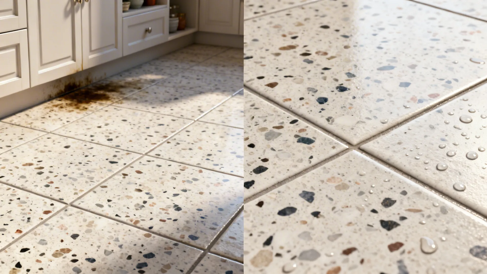 Before-and-after of grout on terrazzo-look porcelain showing unsealed darkening versus sealed beading.