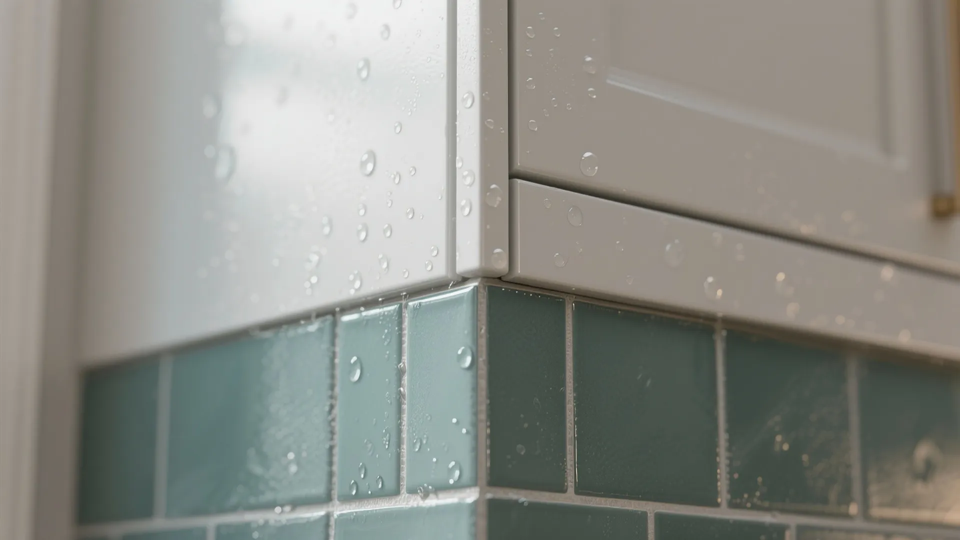 Close-up of sealed grout lines and washable cabinet finish in a bathroom.