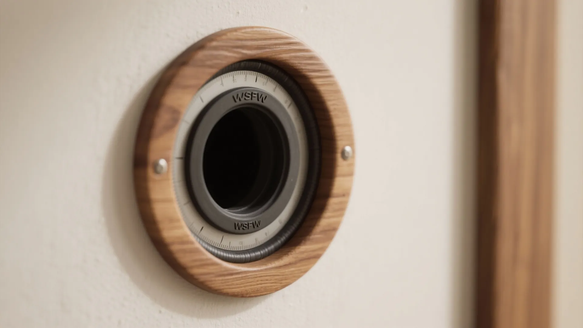 Close up view of a round black wall hole with a decorative light brown wood