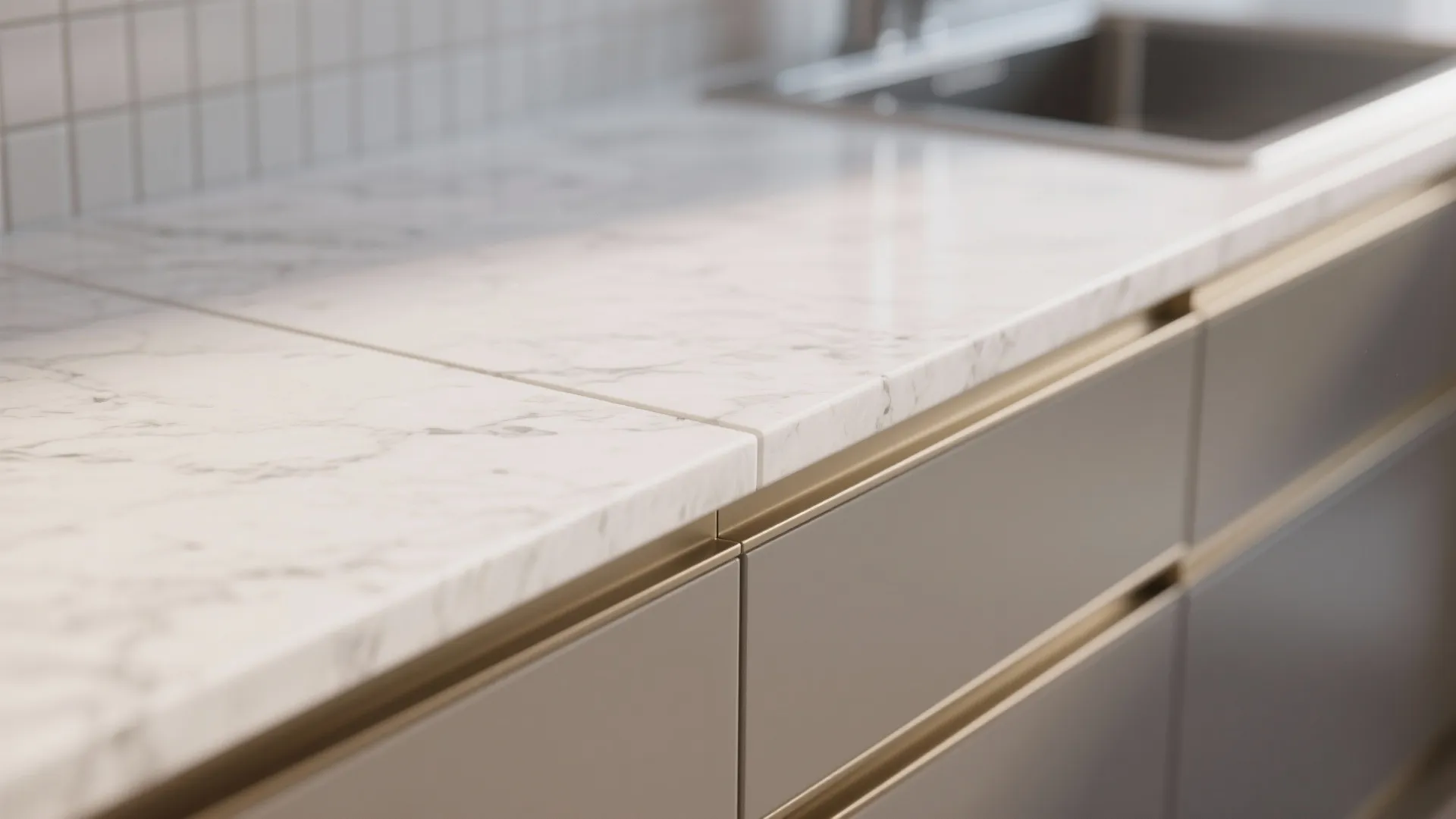 Close up of white marble kitchen worktop joint with grey cabinets and a silver sink
