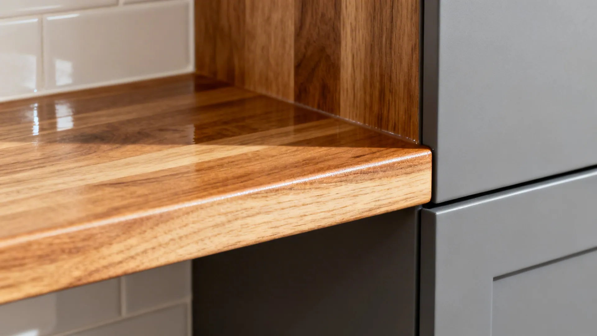 Macro of a sealed oak shelf edge with satin finish beside a kitchen backsplash.