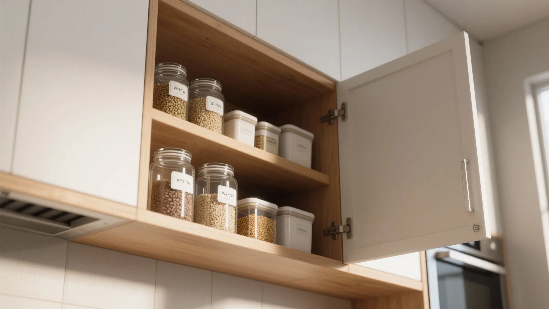 Open white kitchen cabinet with wooden shelves holding several glass jars and white storage containers
