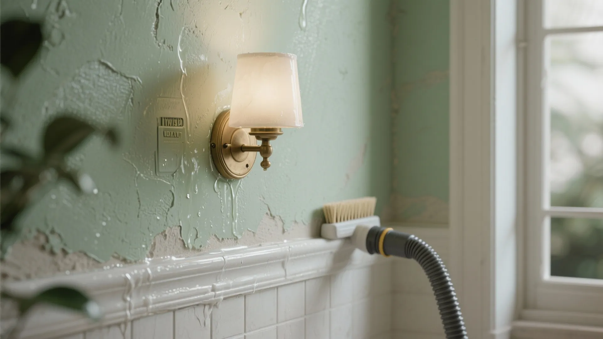 Sealed lime and gypsum plaster near a damp-rated sconce, showing maintenance details.