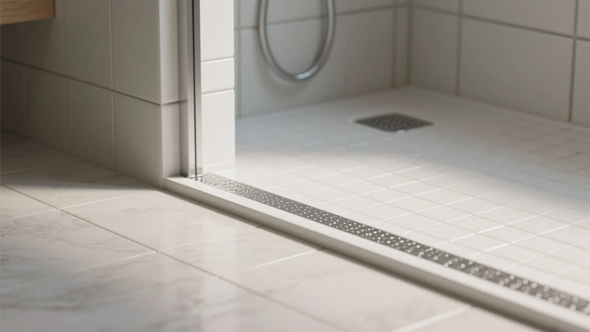 Modern walk in shower floor with white square tiles and long metal drain near glass